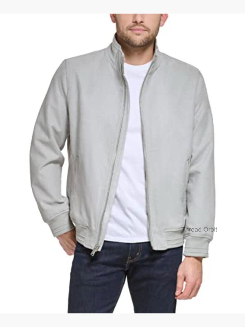 Modern Knit Collar Bomber Jacket Faux Suede Lightweight - Picture 5 of 6